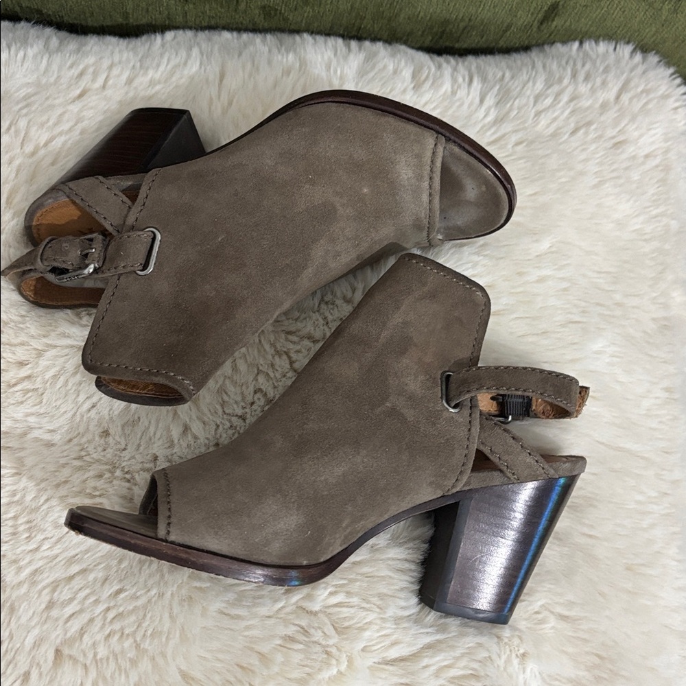 Frye Dani Shield Suede Wood Brown Open Toe Bootie Heel Sling Sandal Size 8 - Picture 3 of 12